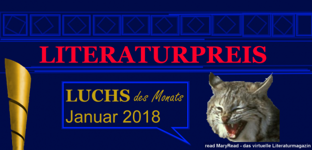 Literaturpreis, dunkelblau, Kacheln, read Mary Read, Literaturmagazin, online, rote Schrift, goldner Pokal, goldene Schrift